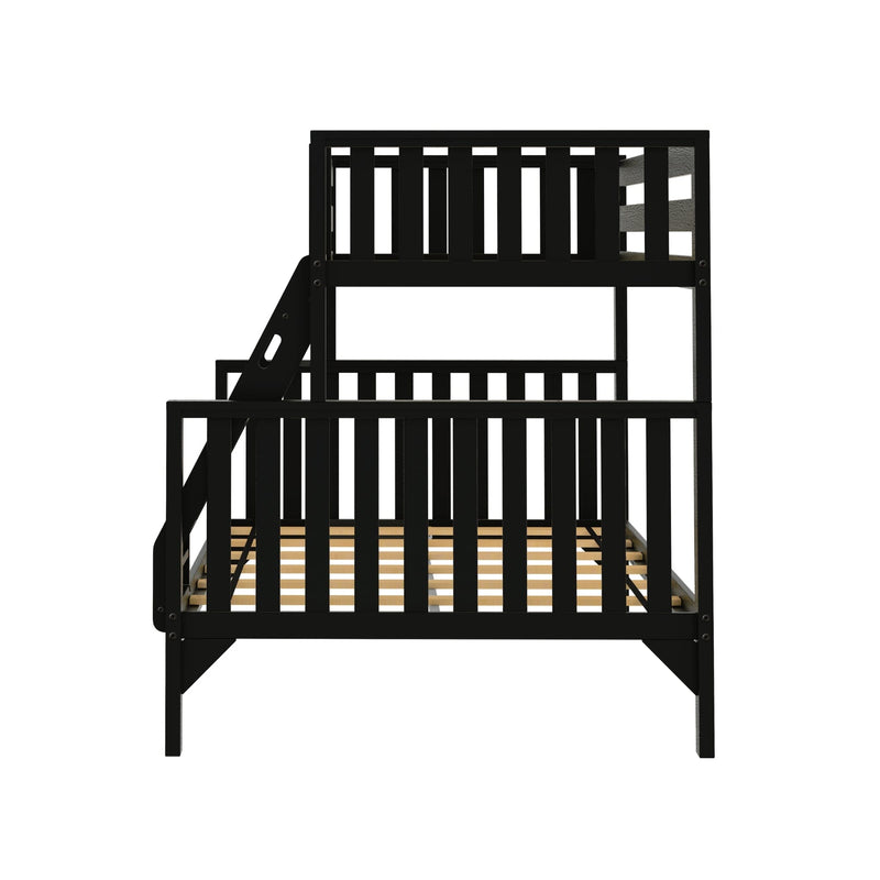 Black wooden bunk bed with ladder, safety guardrails and slatted mattress supports on white background — modern space-saving loft bed for kids' bedrooms