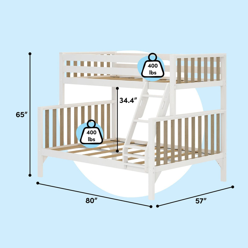 White wooden twin-over-full loft bunk bed for kids with ladder, slatted natural-wood guardrails and 400 lb weight capacity, shown with dimensions 80″ L × 57″ W × 65″ H