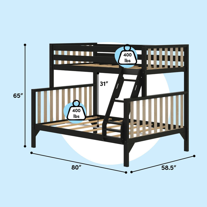 Black wooden twin-over-full loft bunk bed with ladder and natural wood slatted guardrails, 80 in x 58.5 in footprint, 65 in height, 400 lb weight capacity, space-saving modern kids' bedroom solution