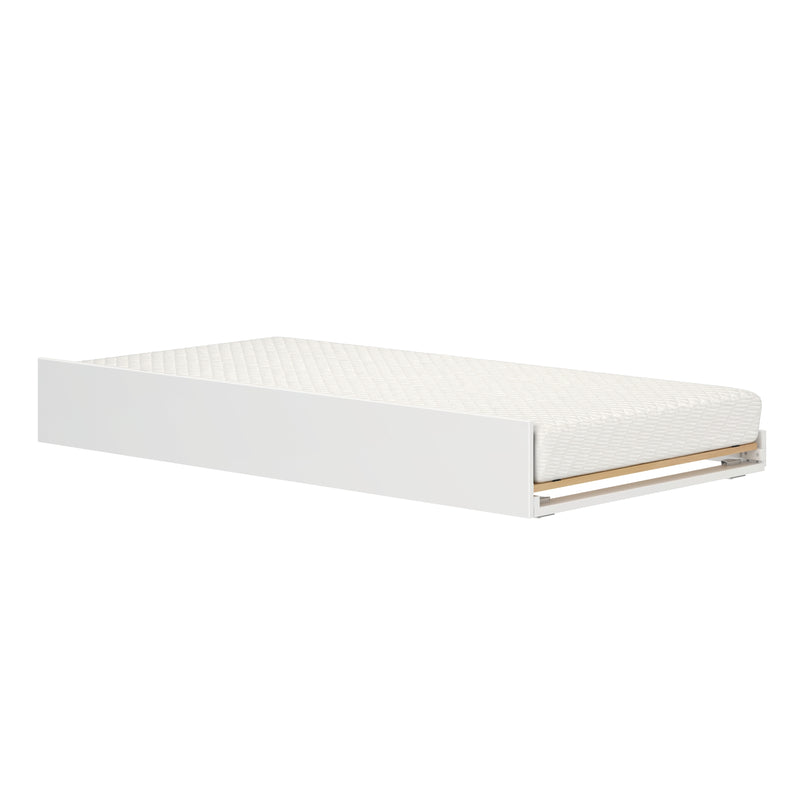 White platform bed frame with quilted mattress and visible wooden slats, modern minimalist design