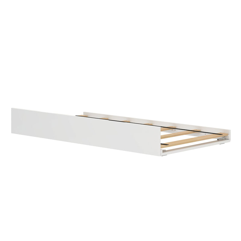 White pull-out trundle bed frame with wooden slats — under-bed storage drawer for single/twin mattress, modern minimalist design