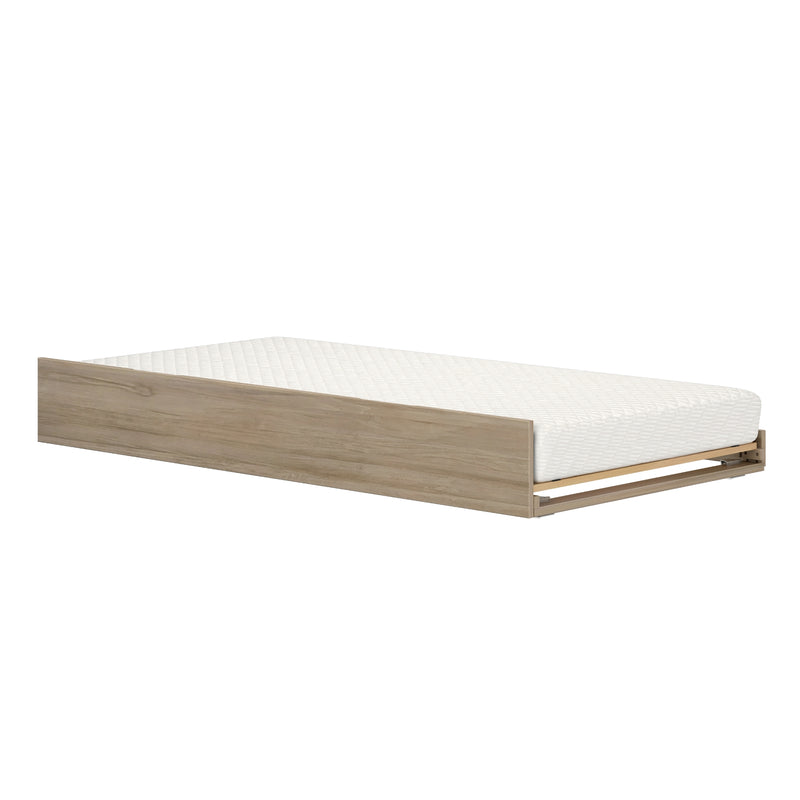 Low-profile light oak platform bed frame with white quilted mattress, modern minimalist bedroom furniture