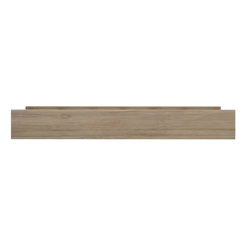Three-tier light oak floating wooden shelves on white background for modern wall storage and product display