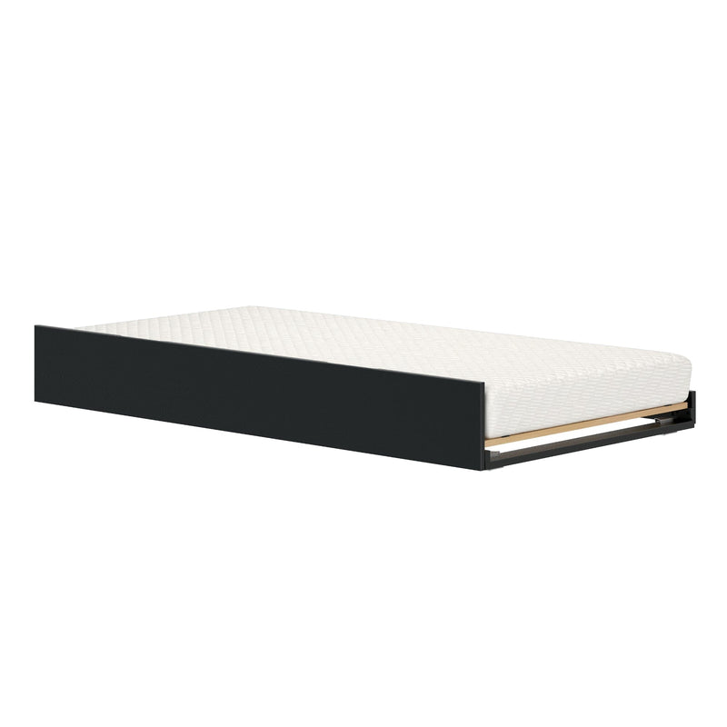 Black pull-out trundle bed frame with white quilted mattress, twin-size space-saving platform bed ideal for small bedrooms and guest rooms