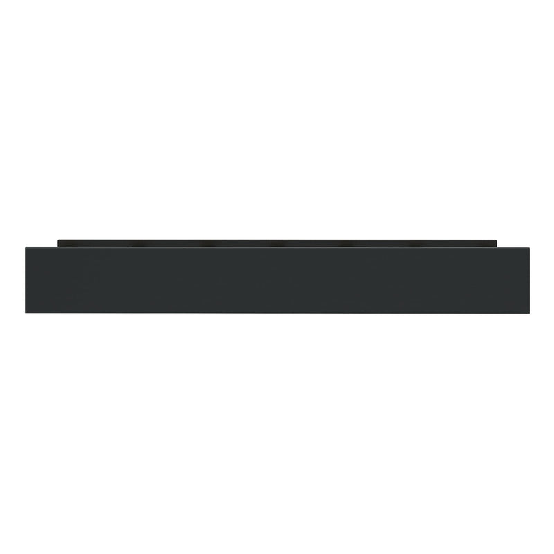 Three minimalist black floating shelves staggered on a white wall — modern wall-mounted storage for living room or office