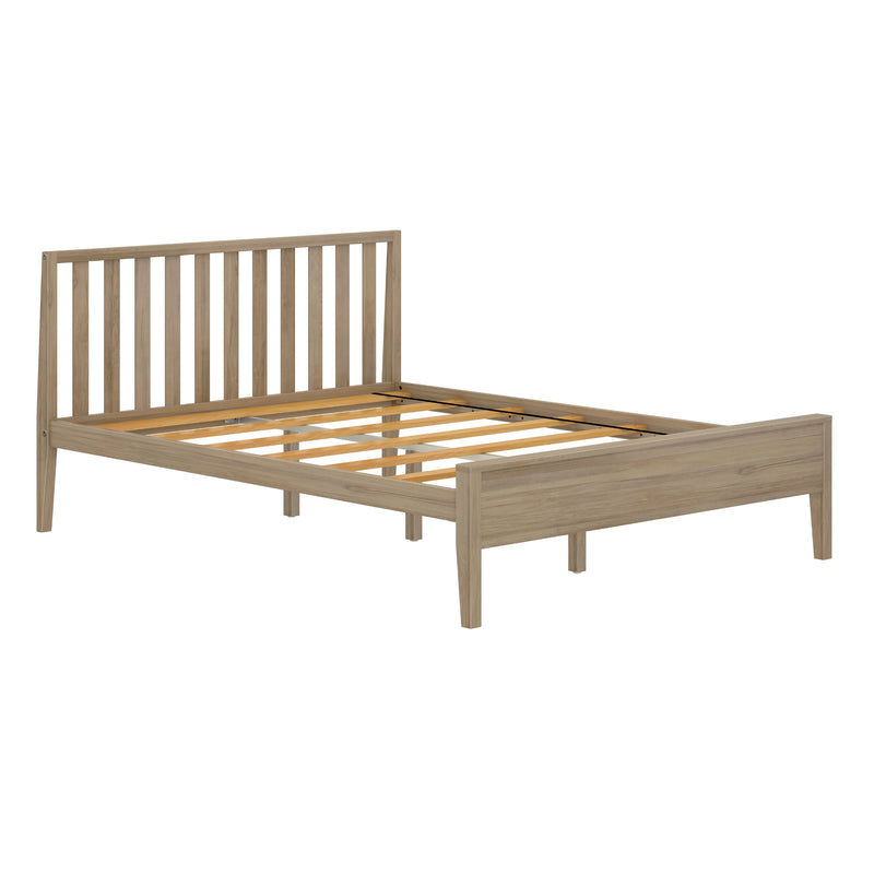 Light oak wooden platform bed frame with vertical slatted headboard and exposed wooden slats, minimalist design