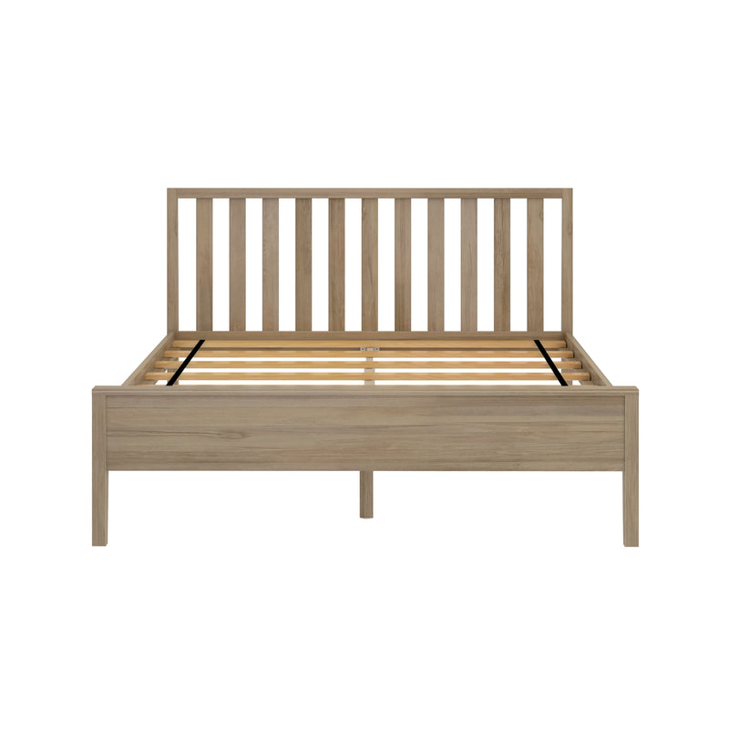 Modern wooden platform bed frame with vertical slatted headboard, center support slats, light oak finish