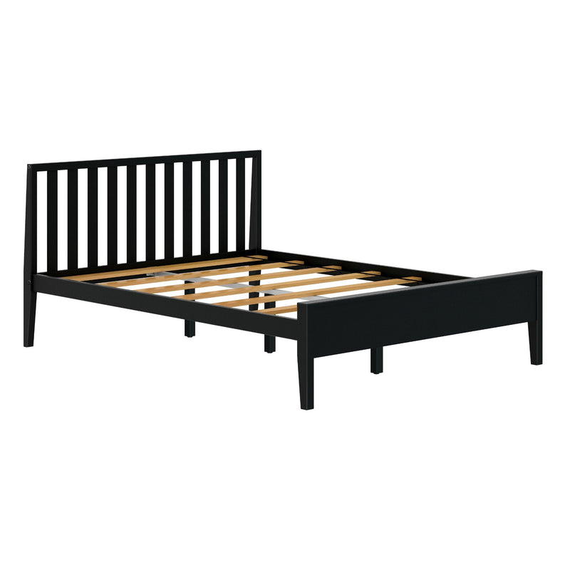 Black wooden platform bed frame with vertical slatted headboard and wooden mattress slats, modern minimalist bedroom furniture on white background