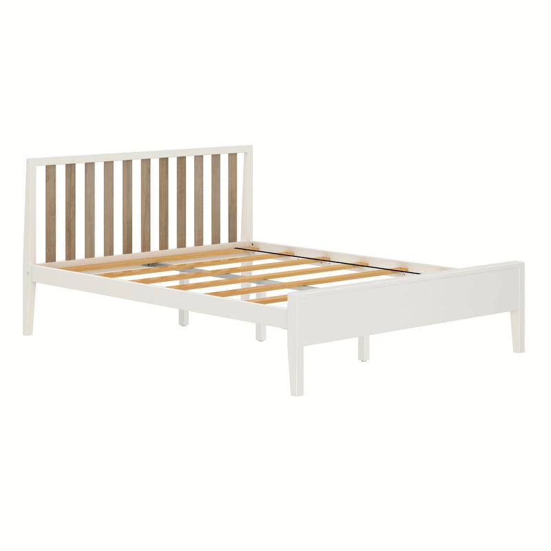 White platform bed frame with natural wood vertical slatted headboard and wooden support slats, modern minimalist bedroom furniture