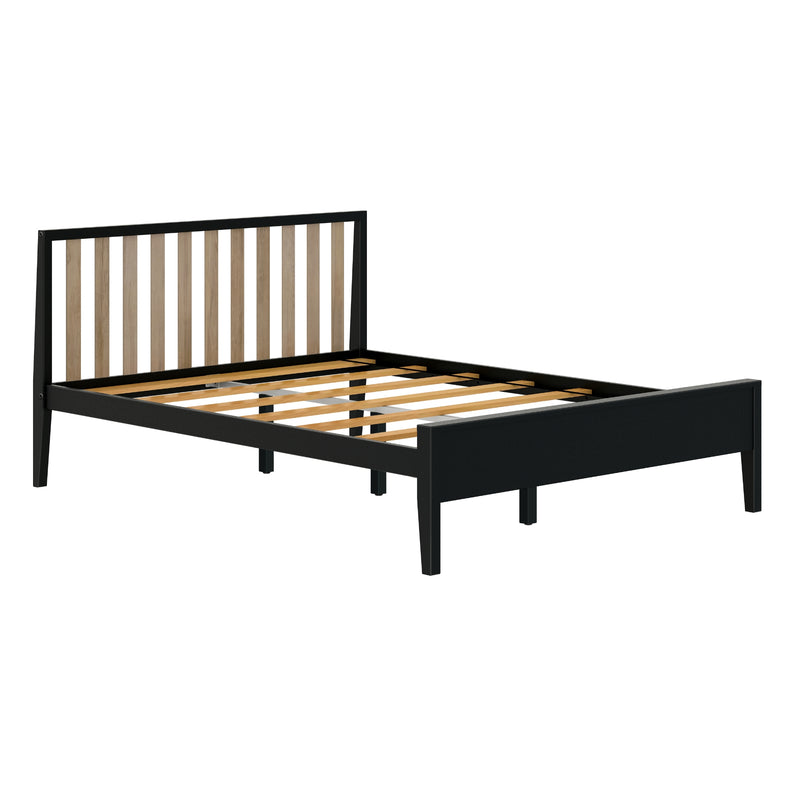 Modern black metal platform bed frame with vertical natural wood slat headboard and wooden mattress slats, minimalist bedroom furniture