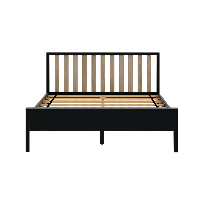 Modern black metal platform bed frame with vertical natural wood slat headboard and wooden mattress support slats