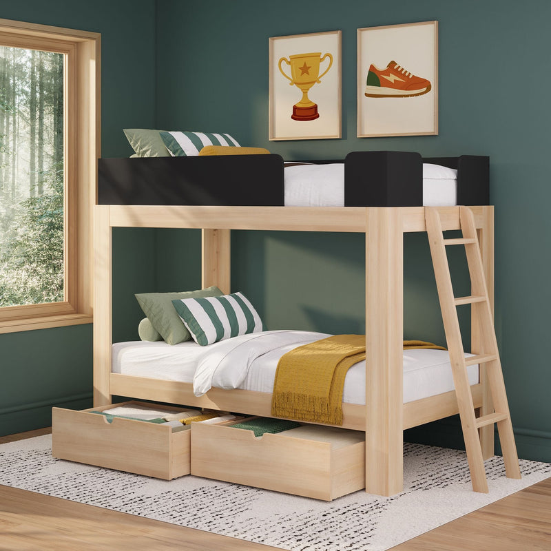 Natural wood loft bunk bed with ladder and underbed storage drawers in a green kids' bedroom, striped pillows, yellow throw, and large window with forest view.