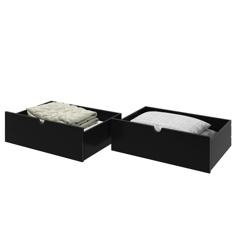 Black under-bed storage drawers with folded blankets and quilted pillow, space-saving bedroom storage solution