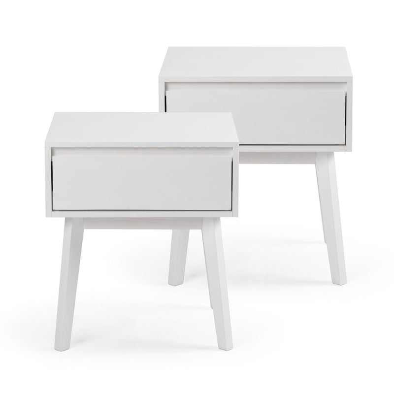Set of two white mid-century modern bedside tables with single drawer and tapered wooden legs, Scandinavian bedroom nightstands