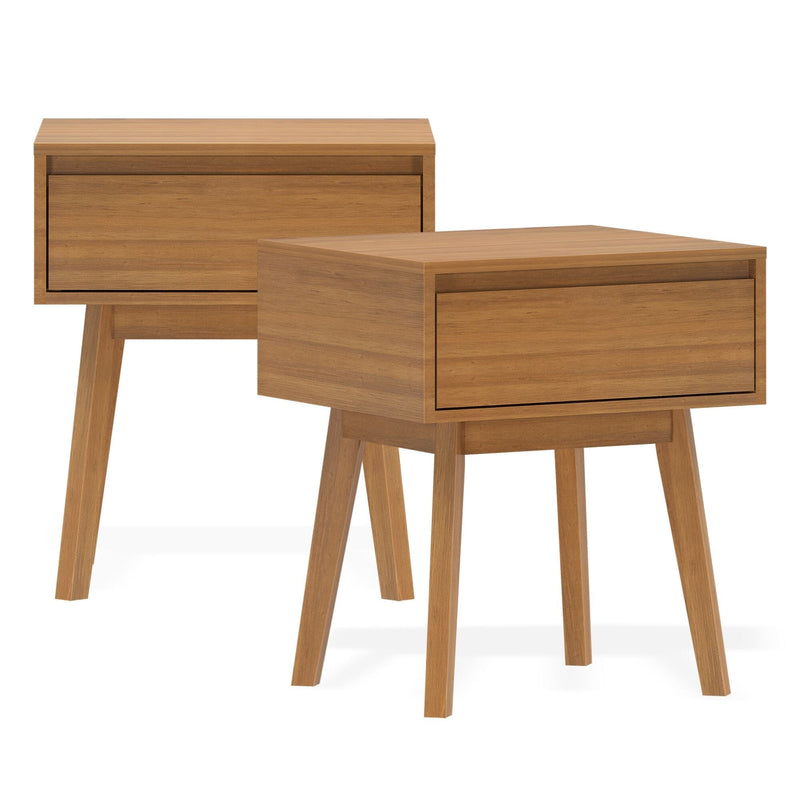 Set of 2 mid-century modern wooden nightstands with single drawers and tapered legs, warm honey wood bedside tables for bedroom