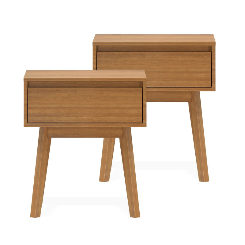 Set of 2 mid-century modern oak nightstands with single drawers and tapered legs, minimalist bedside tables