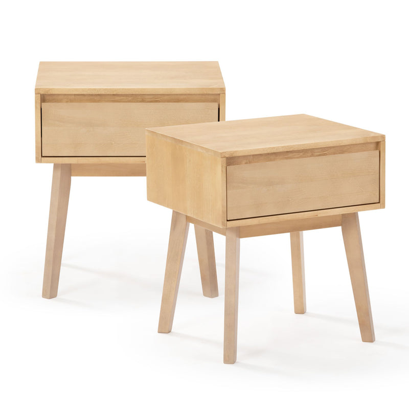 Pair of mid-century modern light maple wooden nightstands with single drawer and tapered legs, minimalist bedside tables for bedroom