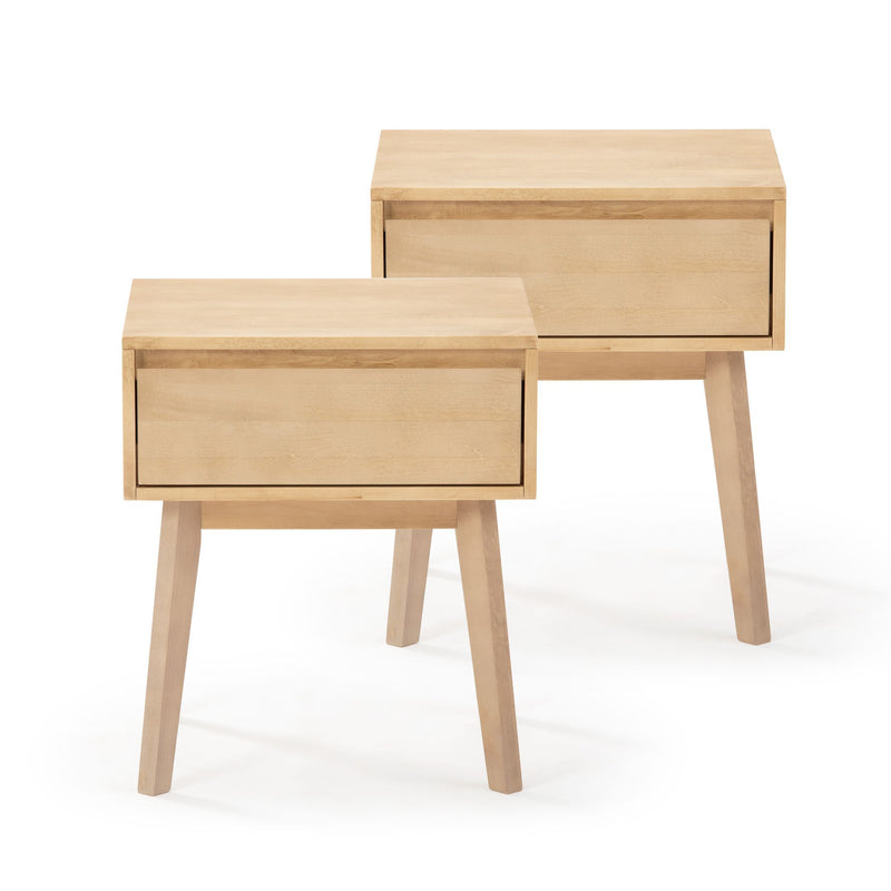 Mid-century modern natural light wood bedside tables — pair of minimalist nightstands with single drawer and tapered legs