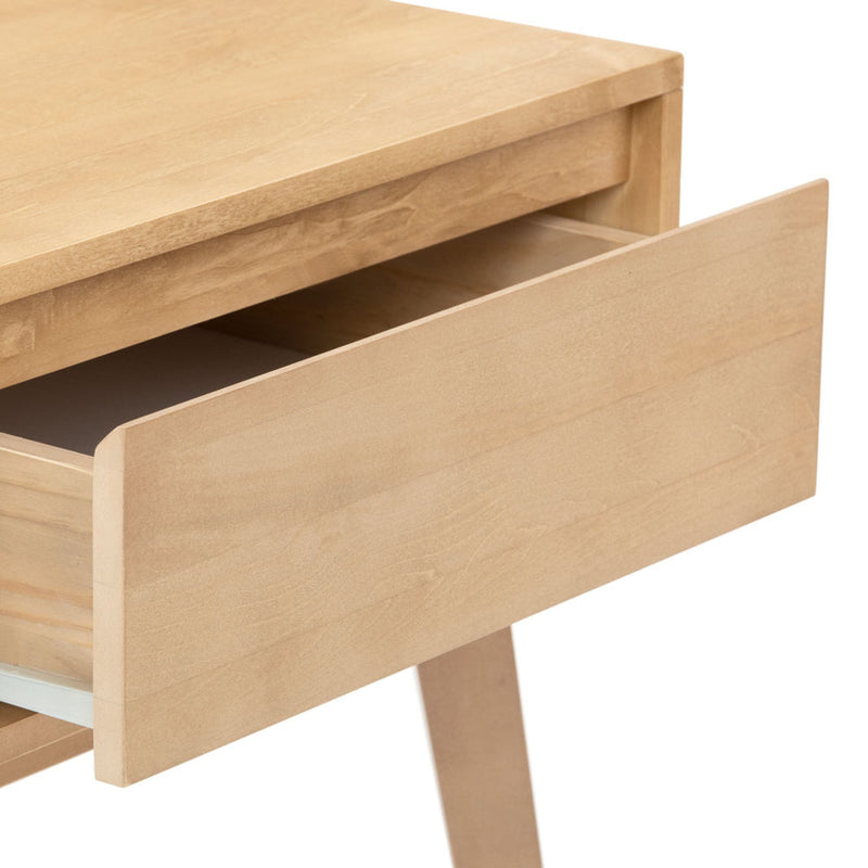Mid-century modern light wood nightstand with tapered legs and partially open drawer, natural maple bedside table for bedroom storage