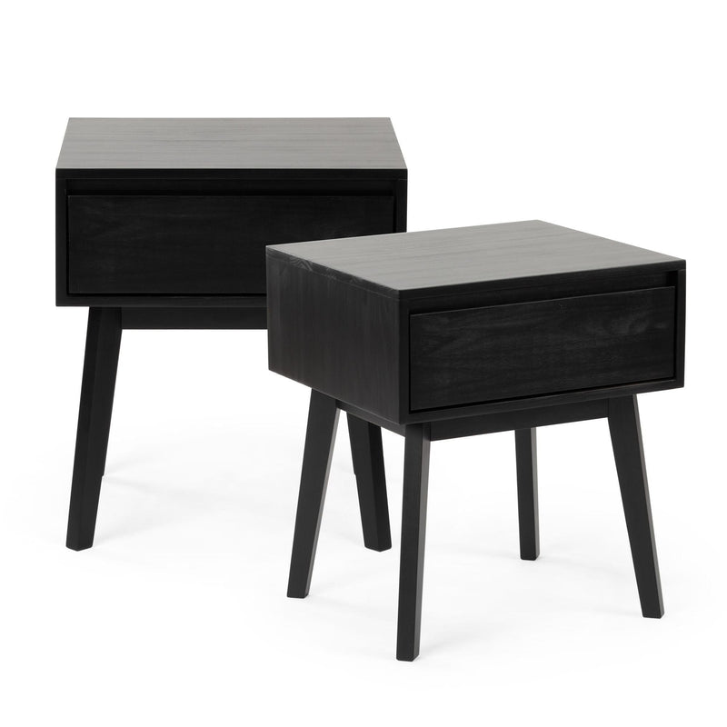 Pair of black wooden mid-century modern nightstands with single drawers and tapered legs, bedside table set on white background