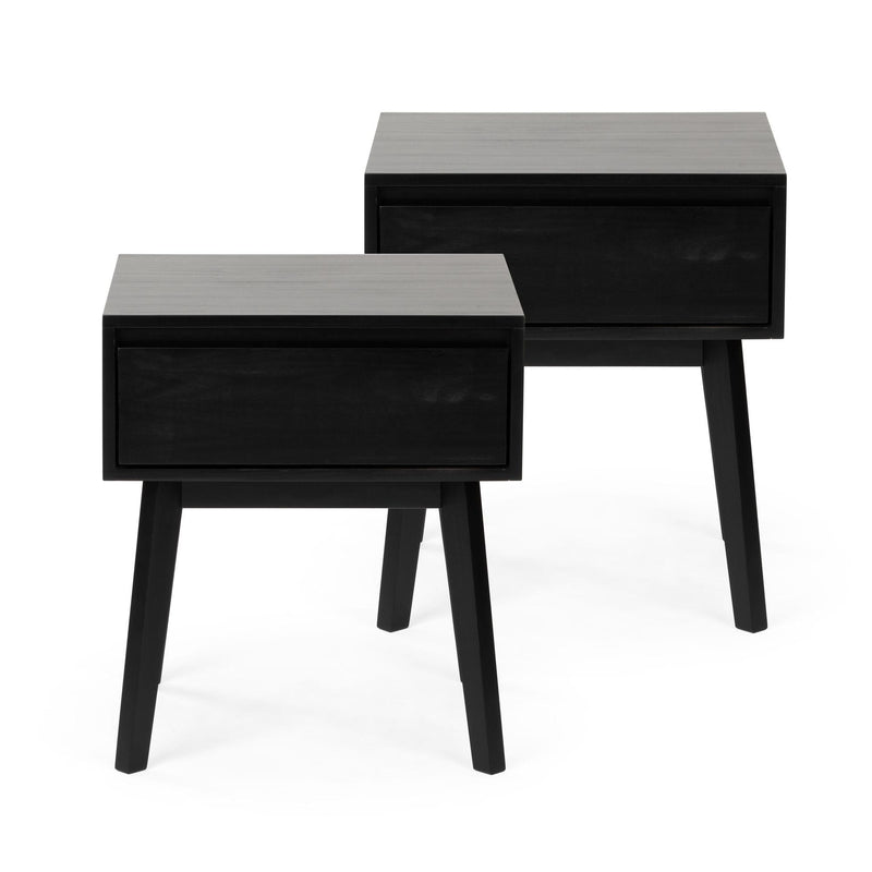 Black mid-century modern nightstand set — two wooden bedside tables with single drawer and tapered legs, minimalist bedroom storage