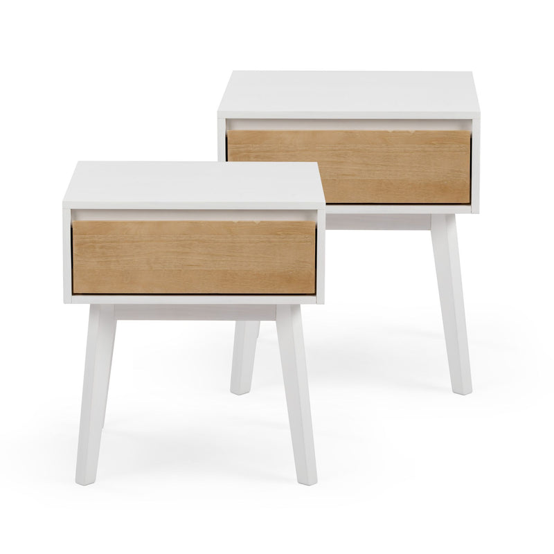 Set of 2 white mid-century modern bedside tables with natural wood drawers and tapered legs, Scandinavian minimalist nightstands