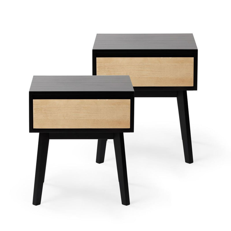 Pair of mid-century modern black bedside tables with natural wood drawer, angled legs and single-drawer storage.