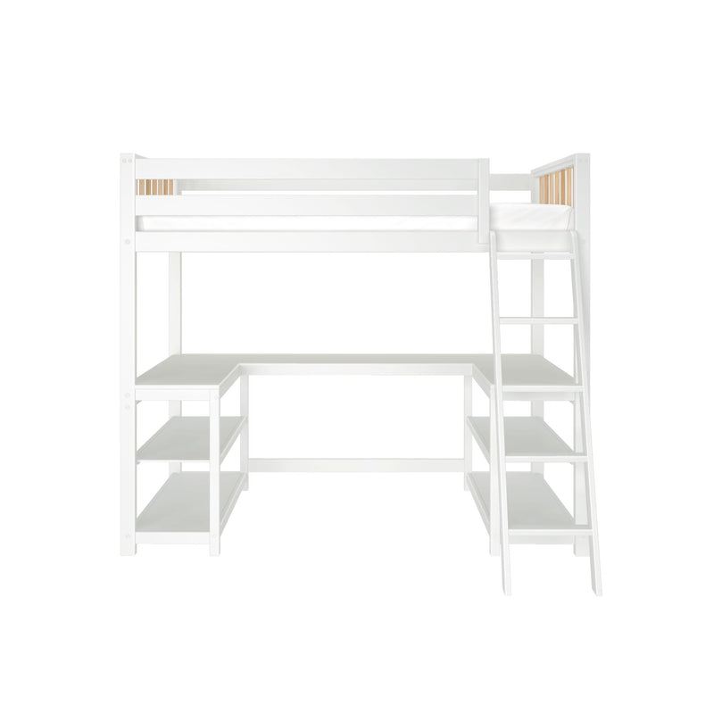 White loft bed with ladder, built-in desk and open shelving underneath, space-saving modern kids' bedroom furniture with wood slat accents