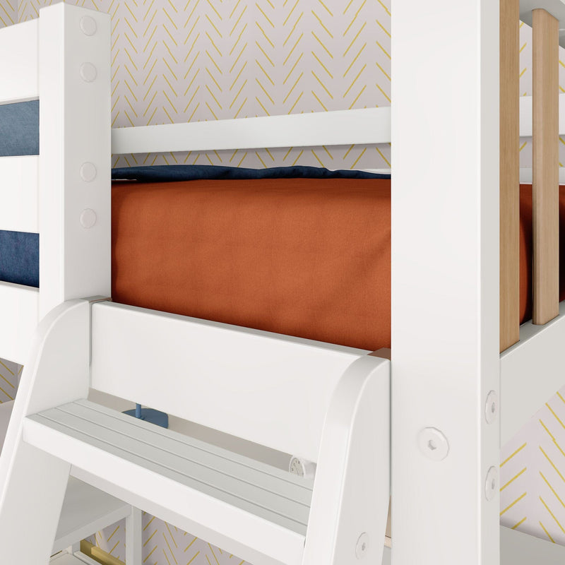 White wooden bunk bed with ladder, orange bedding and navy pillow against gold chevron wallpaper in modern kids' bedroom