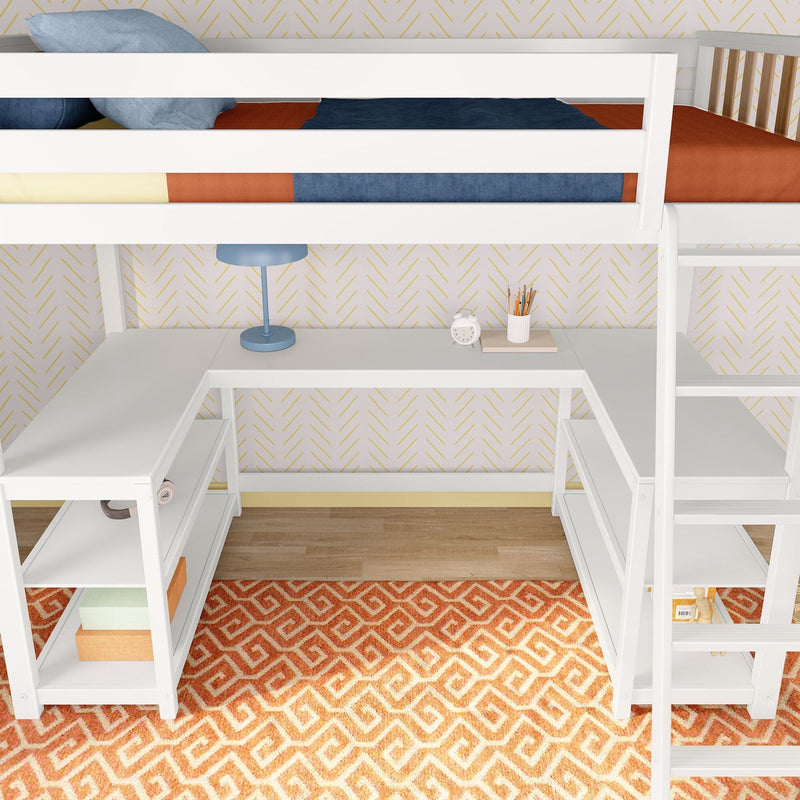 White loft bed with built-in desk and storage shelves, orange patterned rug, blue desk lamp, alarm clock and pillows in modern kids' bedroom