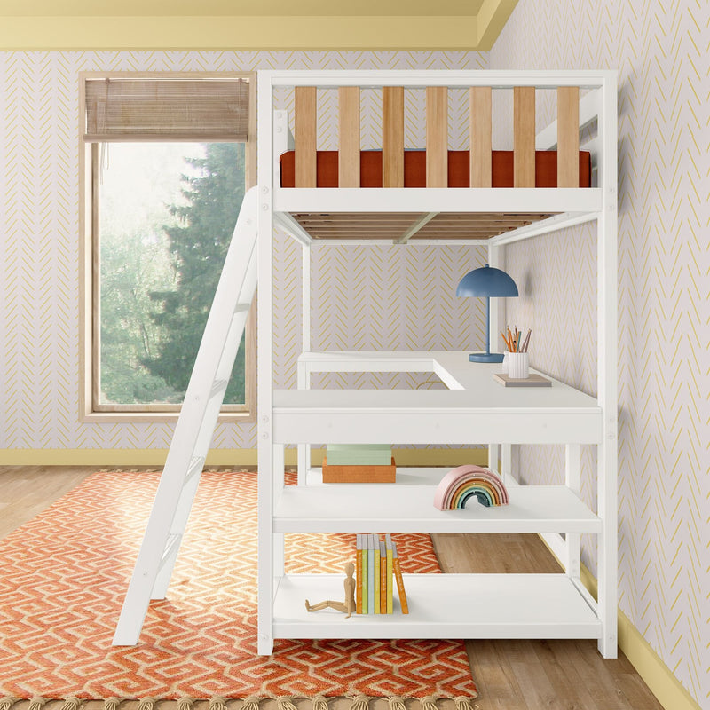 Modern white kids loft bed with built-in desk and ladder, wood slat guardrail, blue desk lamp, books and rainbow toy