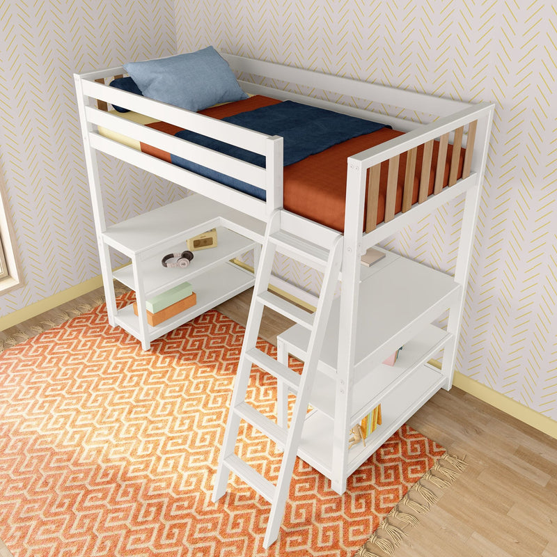 White wooden loft bed with ladder, integrated desk and storage shelves, blue and orange bedding on orange geometric rug in modern kids' bedroom