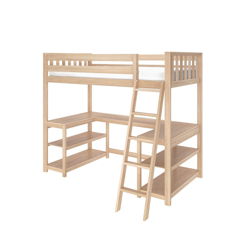Light natural wood twin loft bed with ladder, built-in desk and open storage shelves for kids/teens
