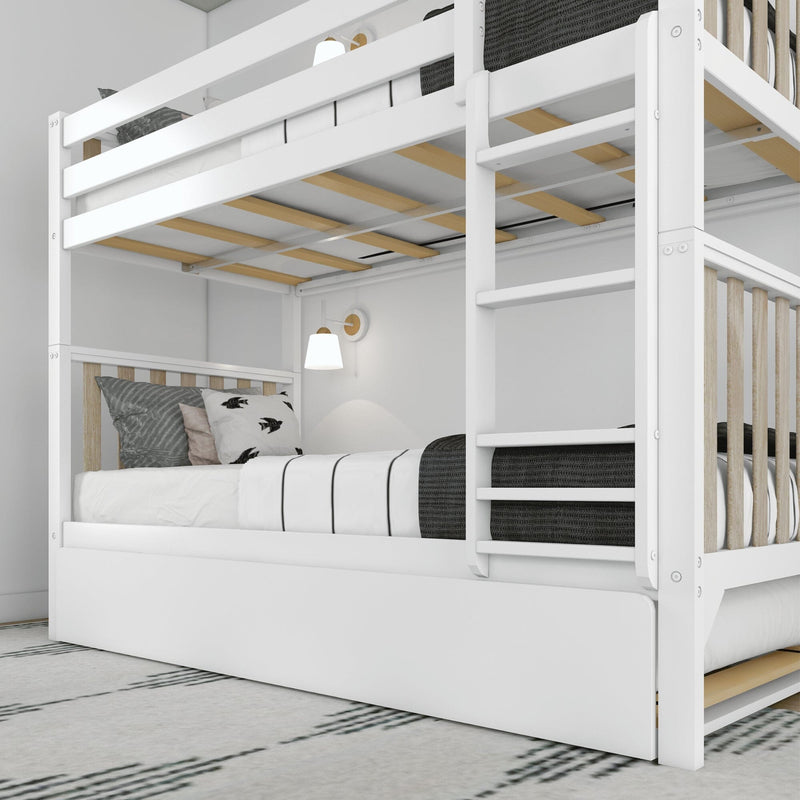 White wooden bunk bed with ladder and pull-out trundle drawer in modern minimalist bedroom with wood slats and wall lamp