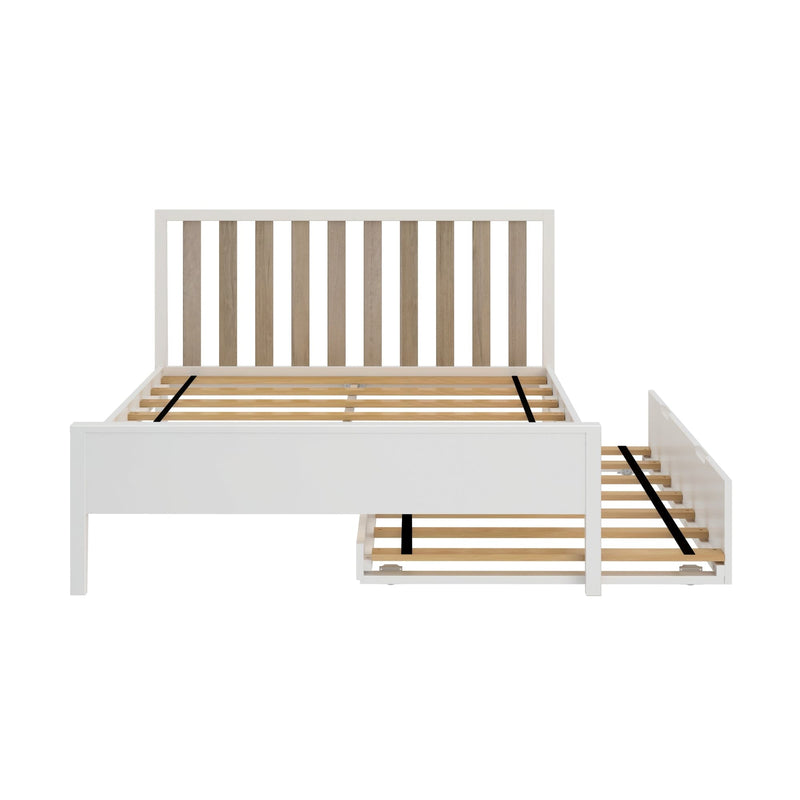 White wooden platform bed frame with natural wood slatted headboard and exposed wooden slats, modern farmhouse bedroom furniture