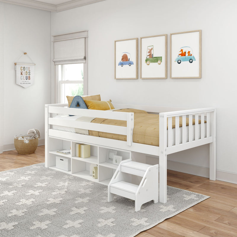Neutral kids room with white loft bed and underbed storage, mustard bedding, star-pattern rug and framed animal car prints