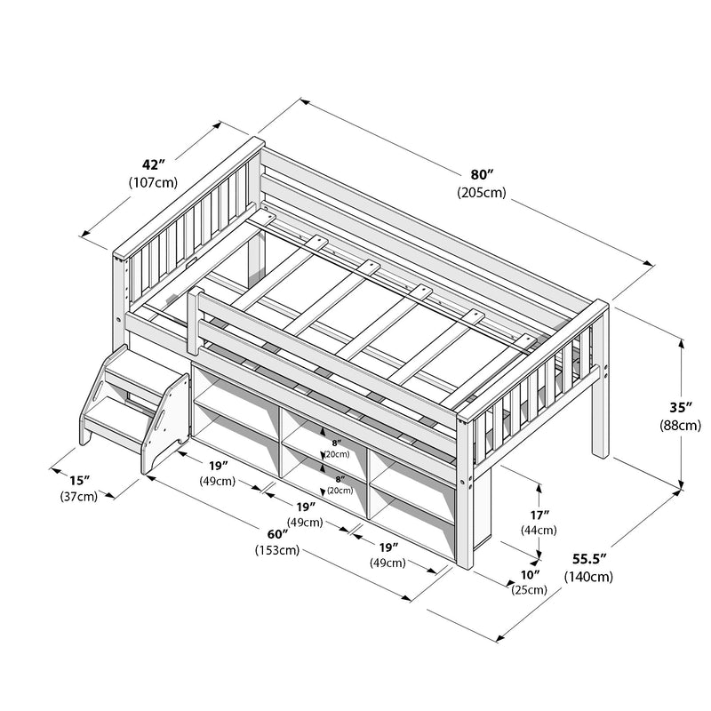 Loft bed frame assembly diagram with built-in stairs, under-bed cubby storage and guardrails, annotated dimensions in inches and cm (80 in x 55.5 in x 35 in).