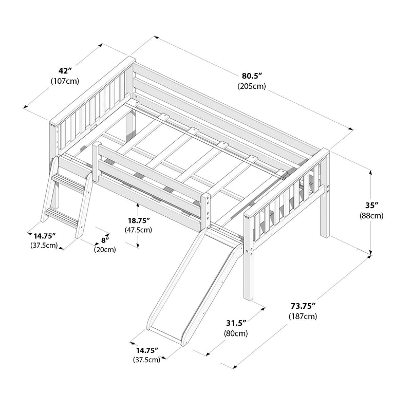 Assembly diagram of a wooden children's loft bed with slide and ladder showing annotated dimensions in inches and cm (80.5" length, 42" width, 35" height)