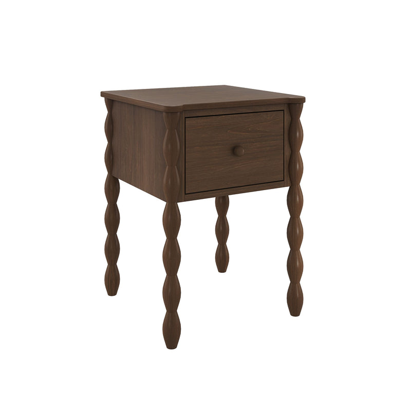 Dark brown wooden bedside table with turned spindle legs and single drawer — rustic modern nightstand
