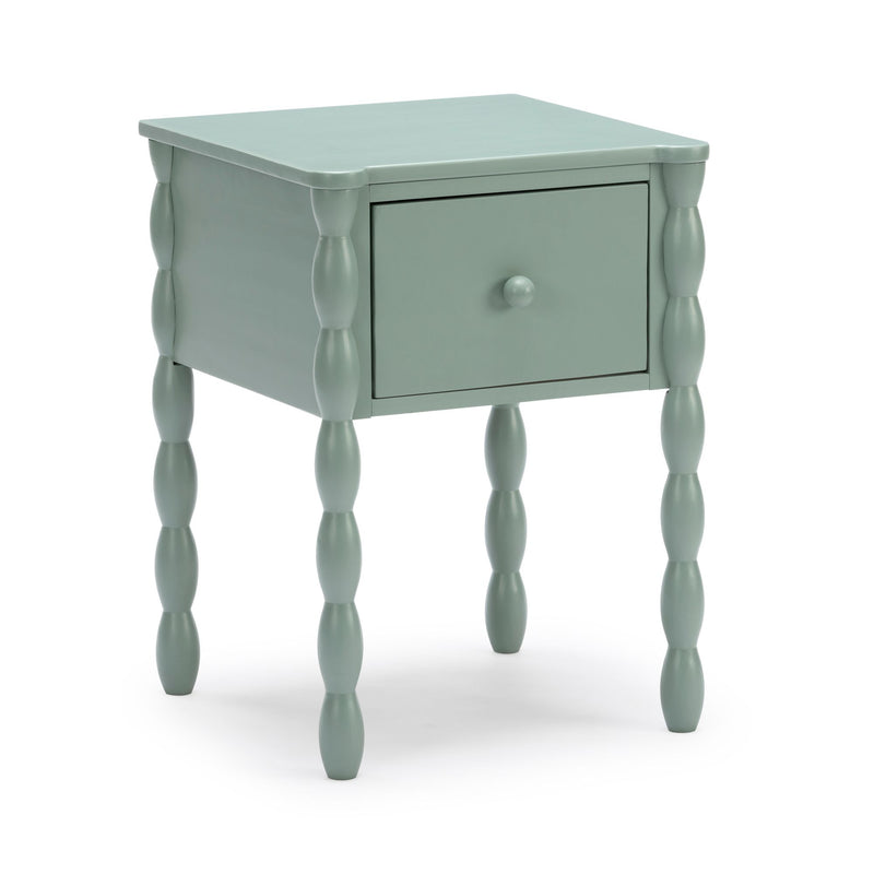 Mint green painted wooden bedside table nightstand with single drawer, turned spindle legs, farmhouse-style accent
