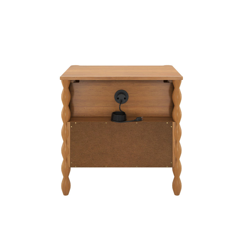 Light oak wooden nightstand with spiral-carved legs, open shelf and built-in cable outlet with coiled power cord — modern bedside table with cable management