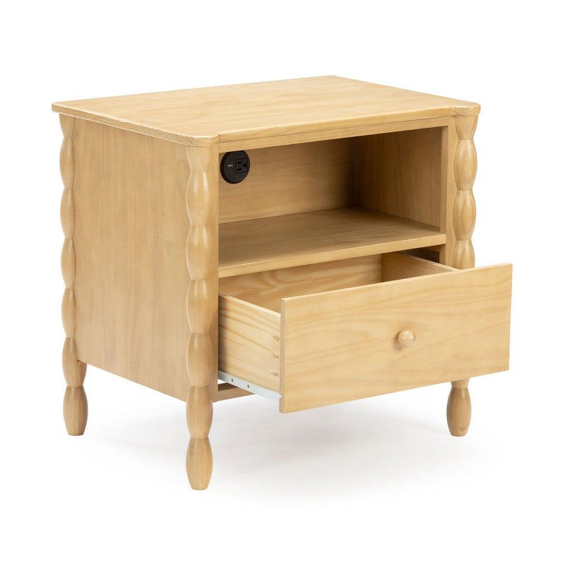 Light natural pine bedside table nightstand with one pull-out drawer, open shelf, built-in power outlet with USB ports, turned spindle legs and smooth wood finish