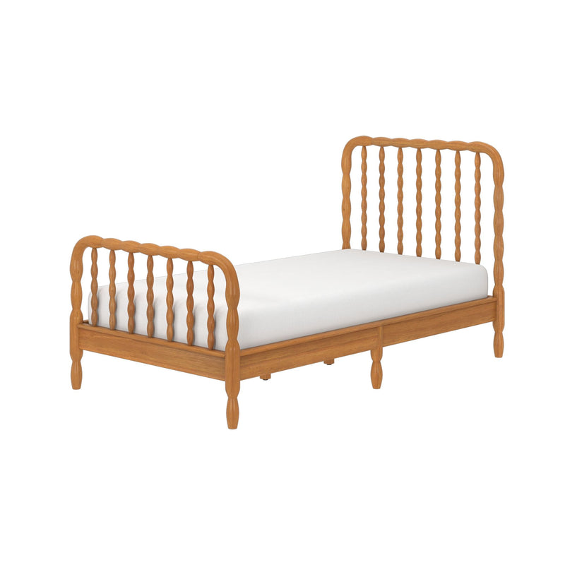 Natural oak spindle headboard and footboard wooden bed frame with white mattress