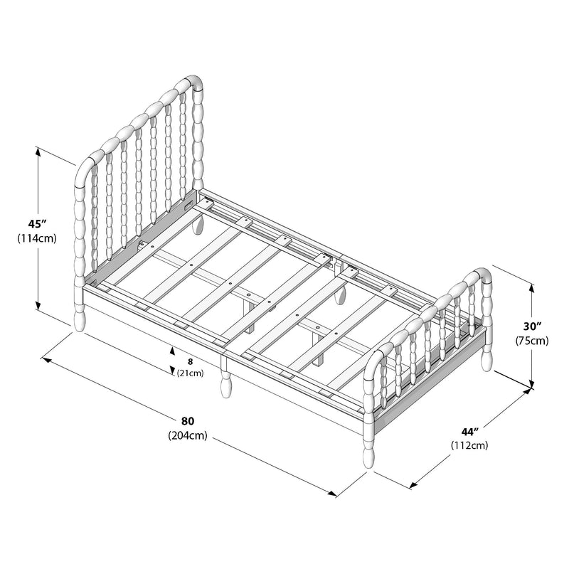 White turned-spindle bed frame assembly diagram with slatted support and labeled dimensions: 80 in L × 44 in W, 45 in headboard, 30 in footboard, 8 in clearance