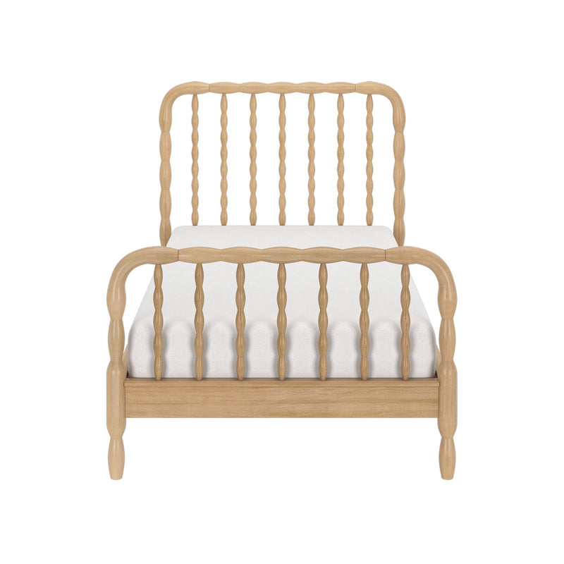 Natural light wood spindle bed frame with turned spindles, farmhouse-style headboard and footboard with white mattress