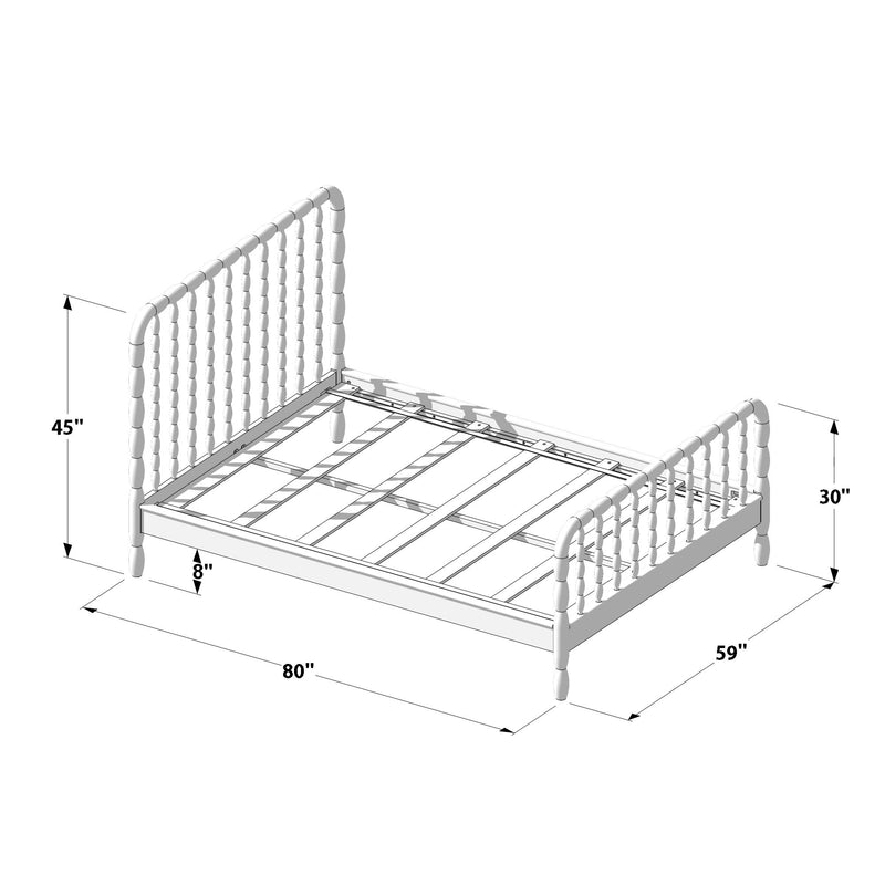 Isometric assembly diagram of a wooden spindle bed frame with turned headboard and footboard, slatted mattress support and labeled dimensions 80" L × 59" W × 45" headboard height × 30" footboard height