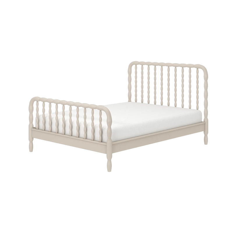 Light beige wooden spindle bed frame with rounded spindles and white mattress, modern farmhouse style