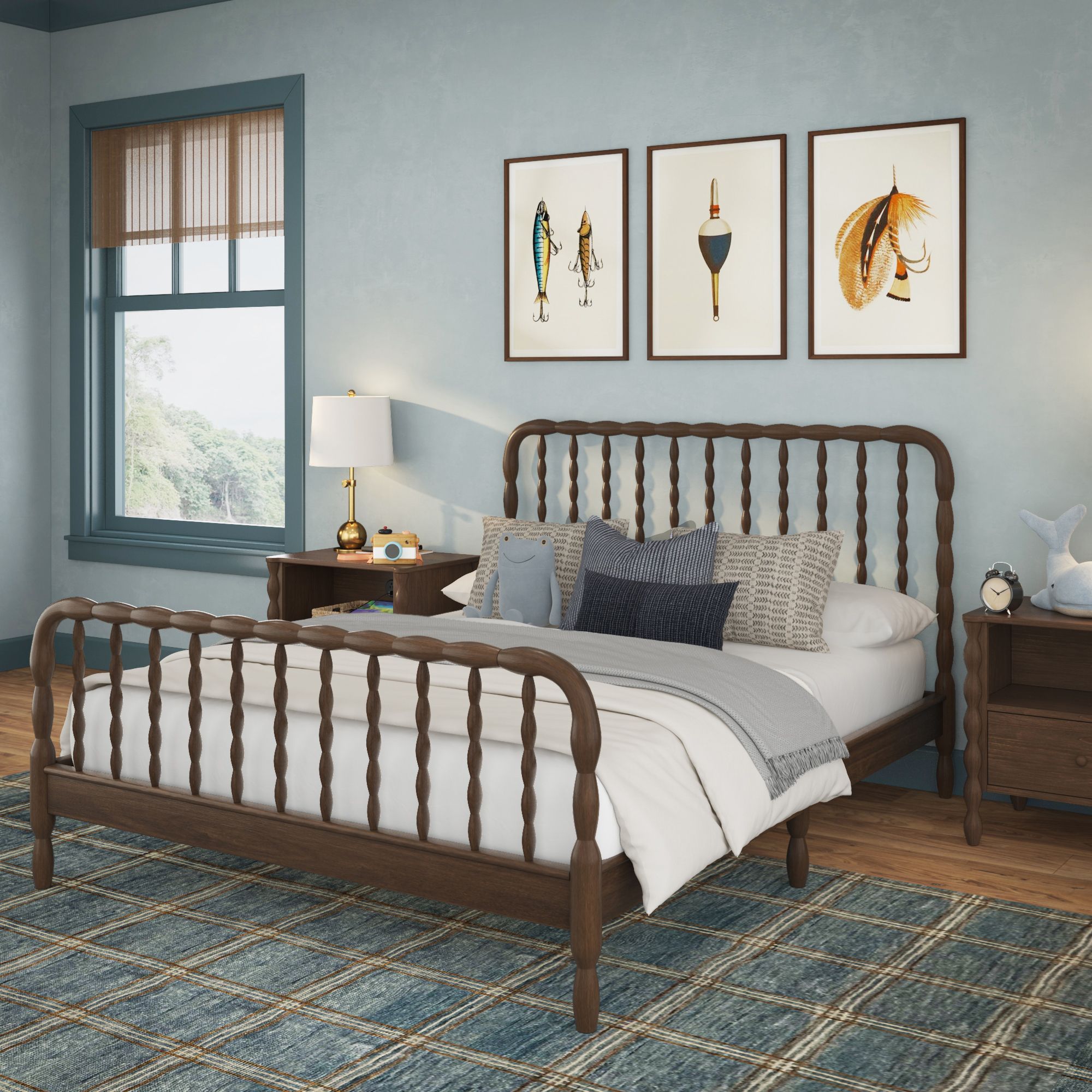 A dark-wood finish Jenny Lind Queen bed with blue and white sheets in a blue room. Matching nightstands are on either side of the bed.