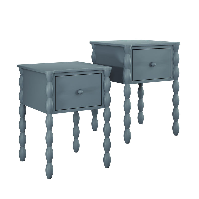 Set of two blue wooden nightstands with single drawers and turned spindle legs, matching bedside tables for modern farmhouse bedroom decor