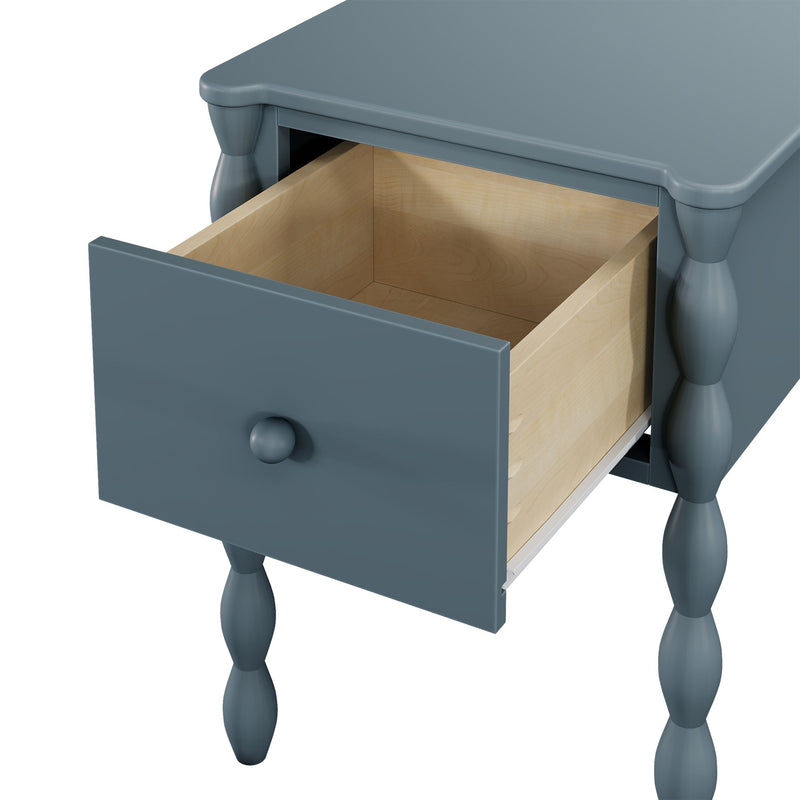 Blue wooden nightstand with turned legs and an open drawer revealing natural wood interior